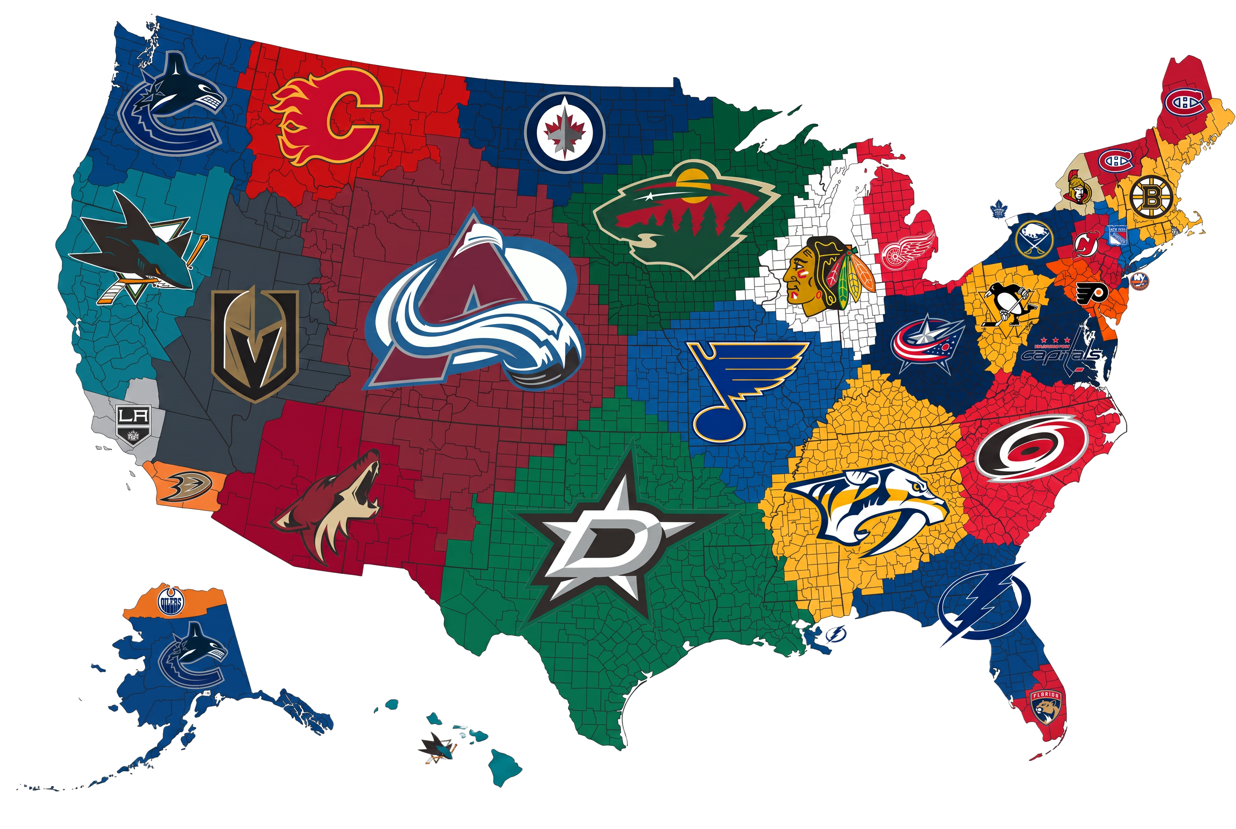 Mapa dos times da NHL distribuídos pelos Estados Unidos e Canadá